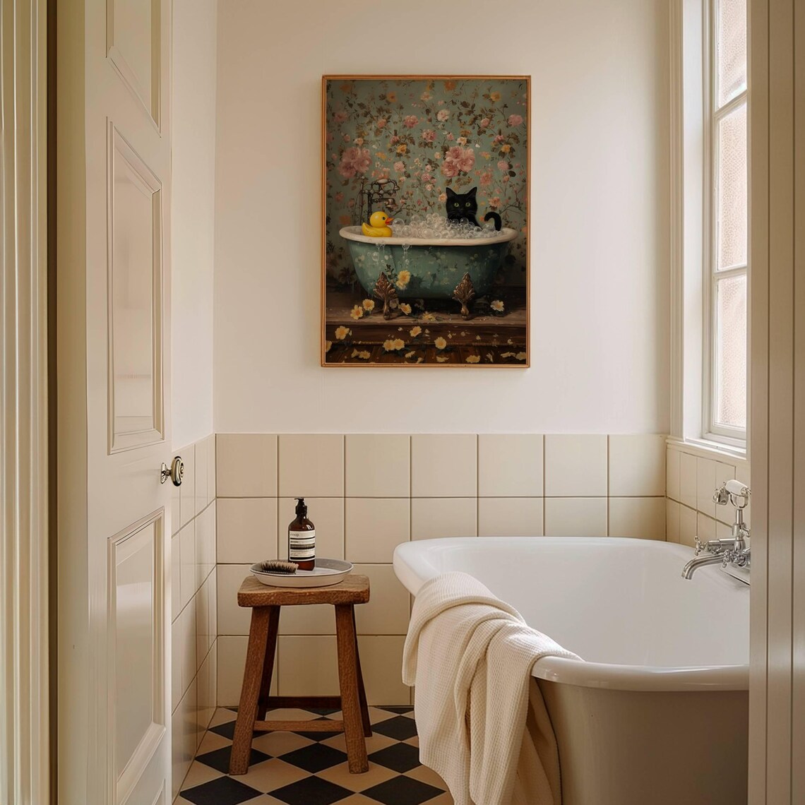 Black Cat and Rubber Duck Bubble Bath Cat Art Print - Image 3