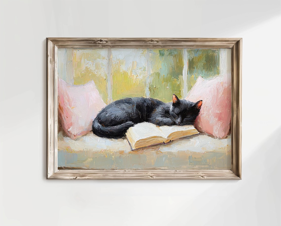Black Cat Sleeping With Books, Book Lover Art Print - Image 3