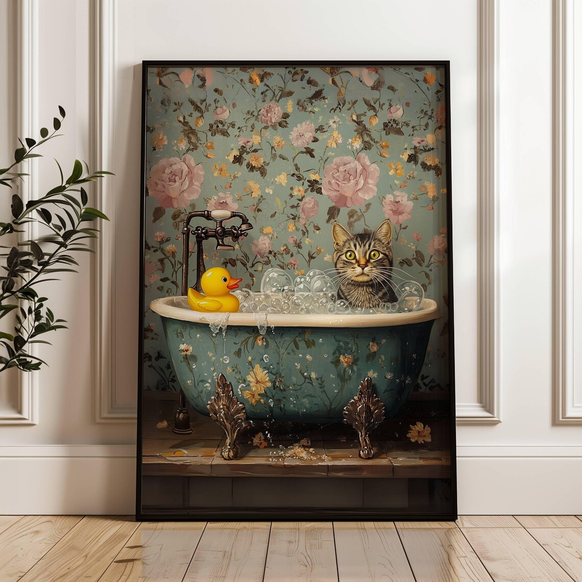 Gray Tabby Cat in Bathtub, Bathroom Wall Art Print