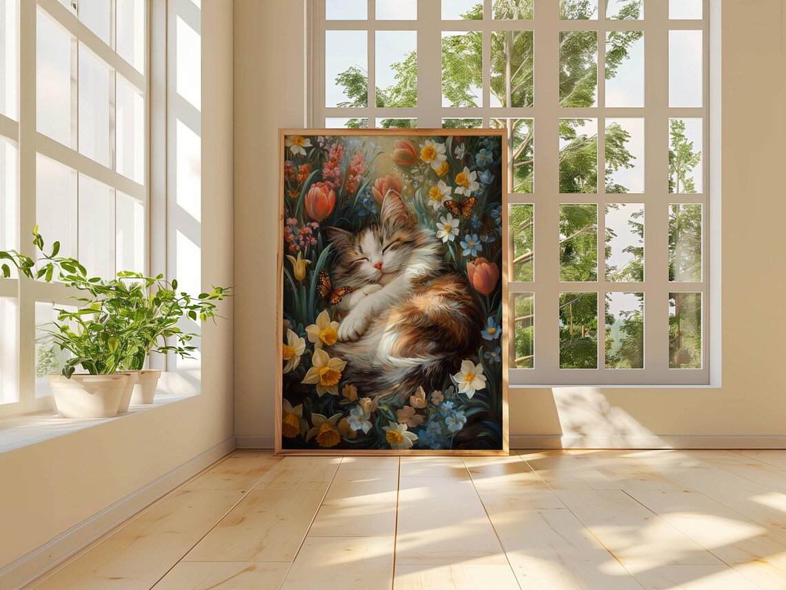 Calico Kitten in Spring Flowers, Floral Cat Print - Image 4