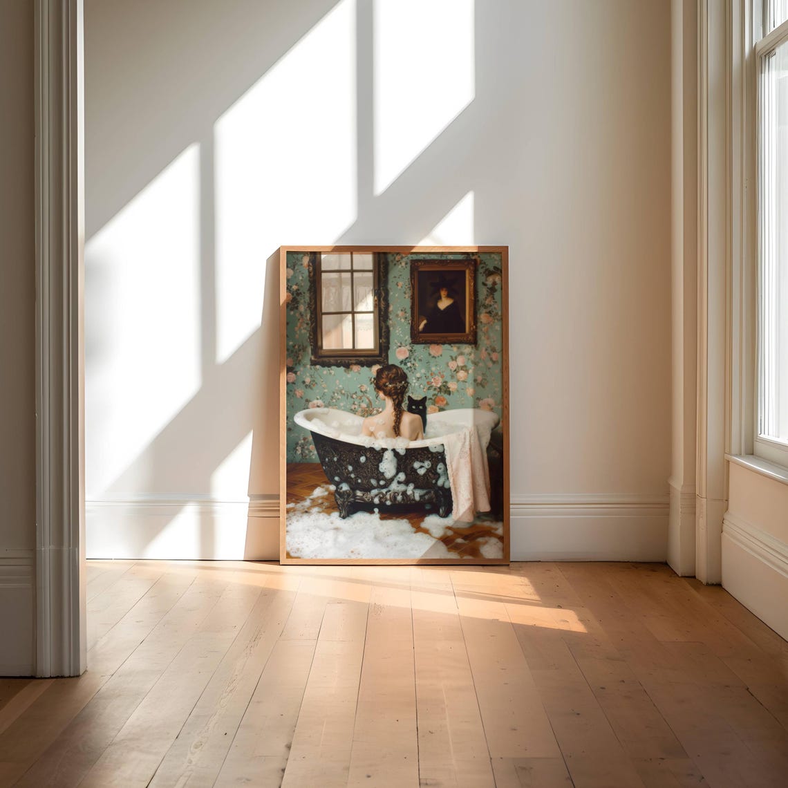 Woman in a Bubble Bath With a Black Cat Vintage Bathroom Poster - Image 5
