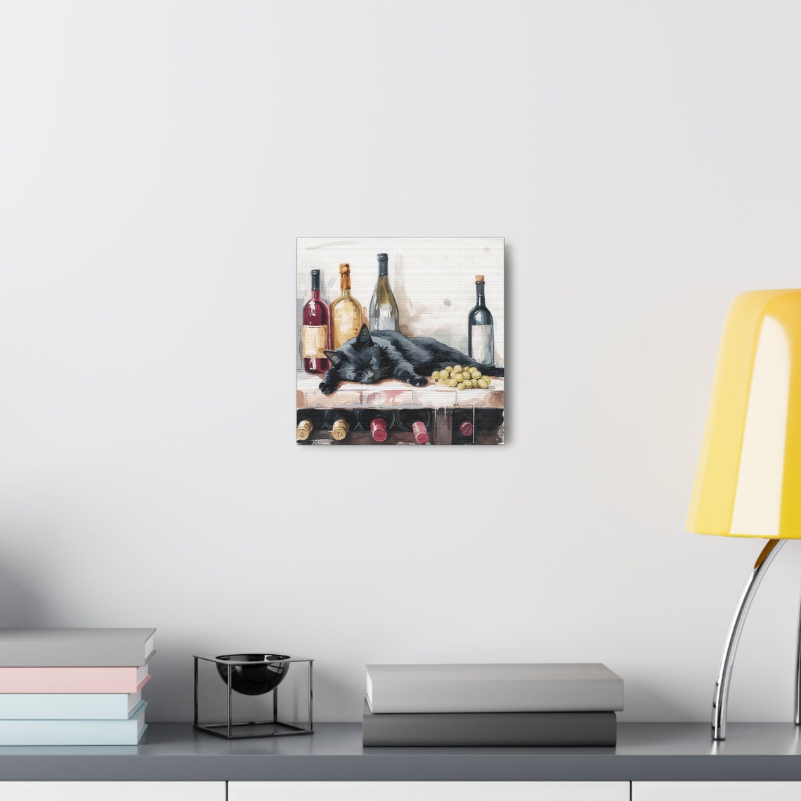 Black Cat Napping on a Wooden Wine Rack Between Bottles Poster - Image 2