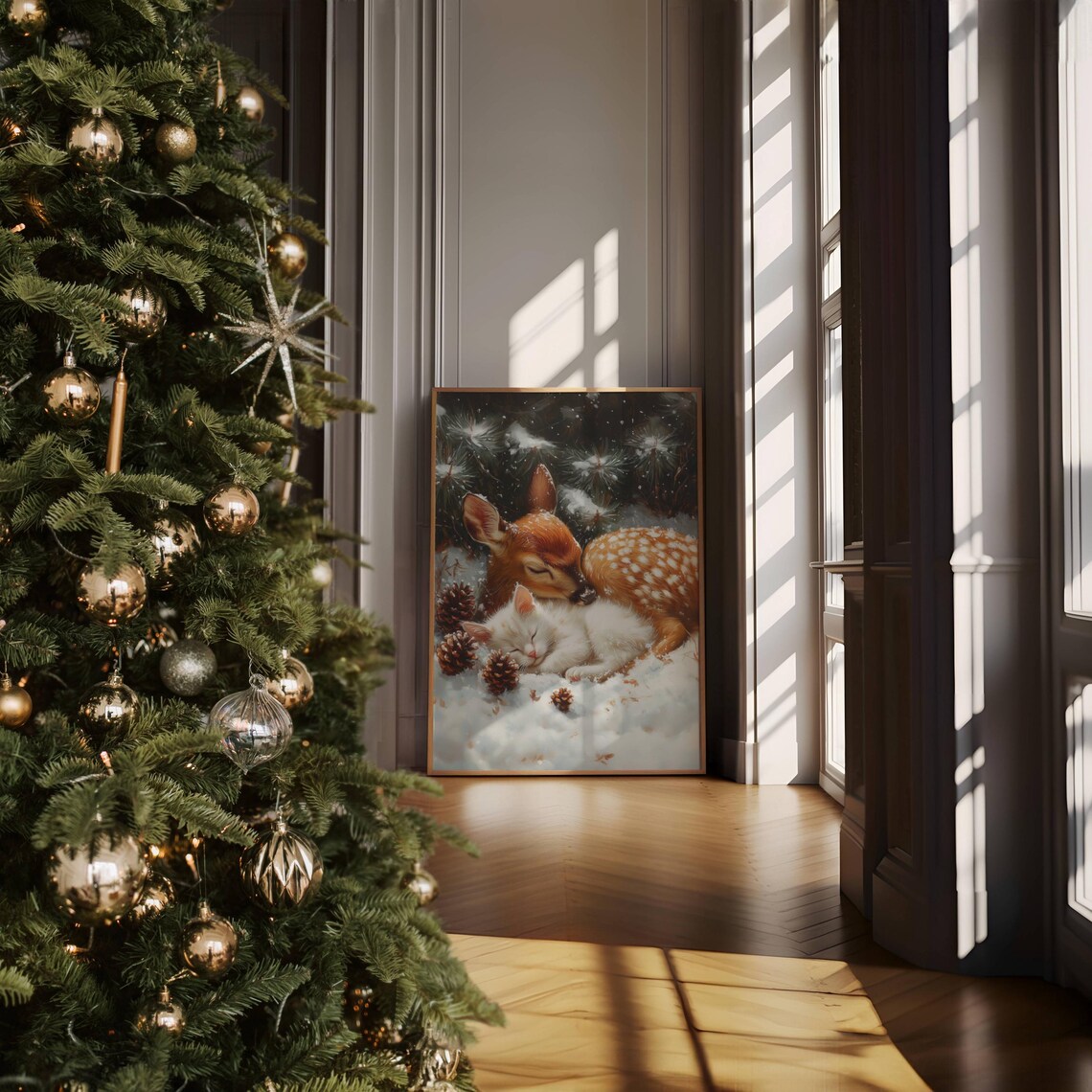 Fawn And White Cat Christmas Art Print, Holiday Decor - Image 3