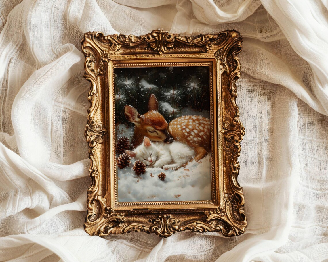 Fawn And White Cat Christmas Art Print, Holiday Decor - Image 2