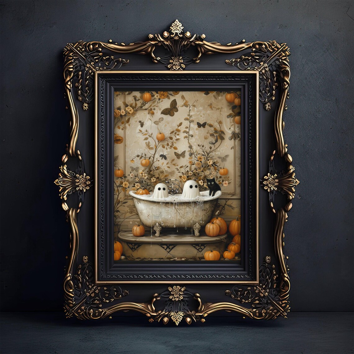 Ghost And Cat Bathtub Halloween Whimsigoth Art Print