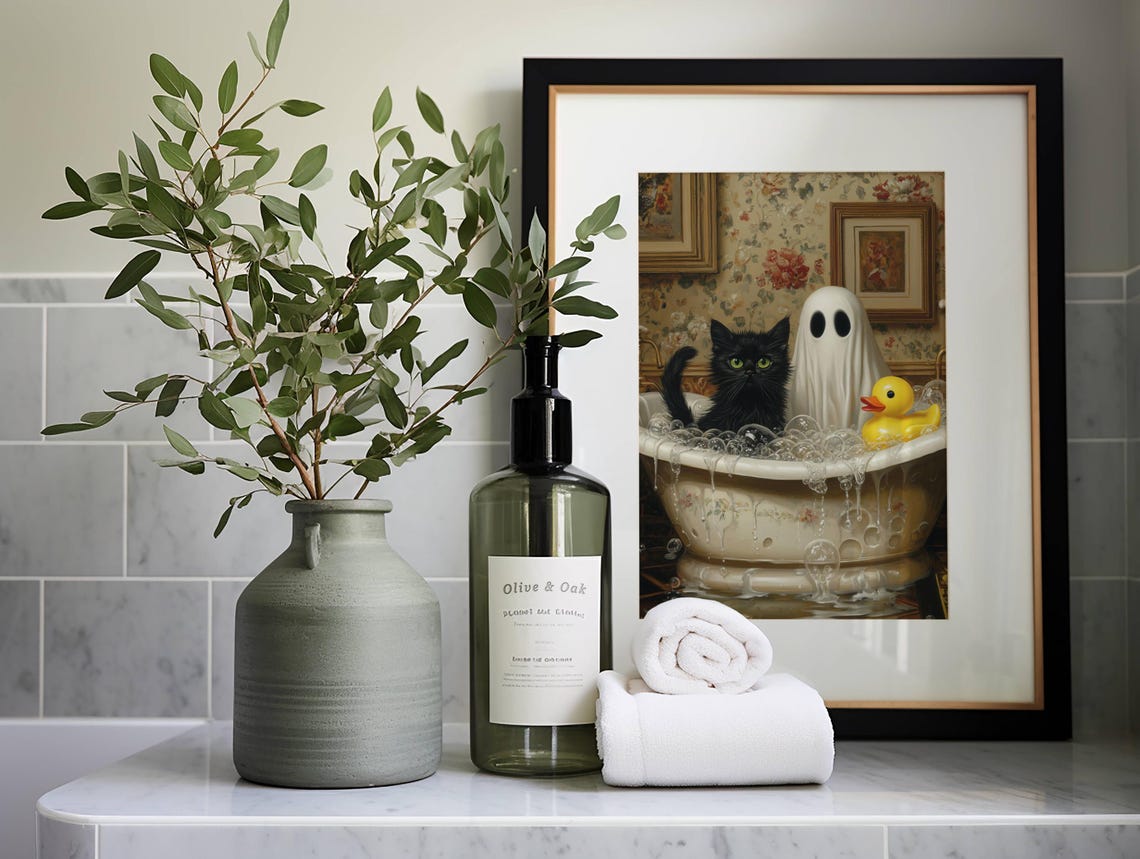 Cute Ghost Black Cat and Rubber Duck in a Bubble Bath Poster - Image 6