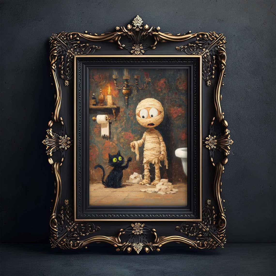 Black Cat and Mummy Funny Halloween Bathroom Spooky Art Poster