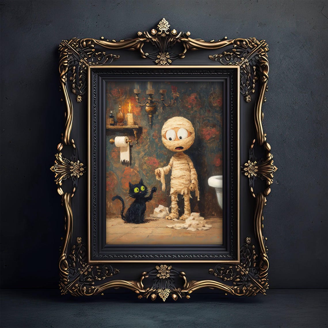 Halloween Black Cat And Mummy Print Funny Bathroom Art Spooky Cute Fall Decor Lover Gift Toilet Humor Unframed
