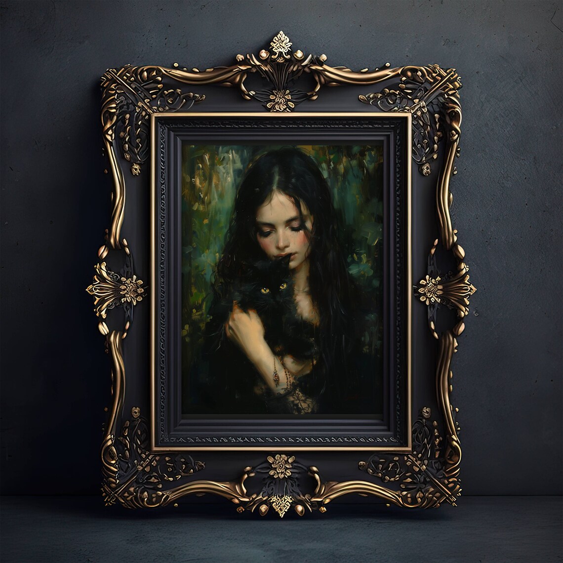 Girl Nuzzling A Black Cat In A Moody Green Forest Oil Art Poster - Image 5