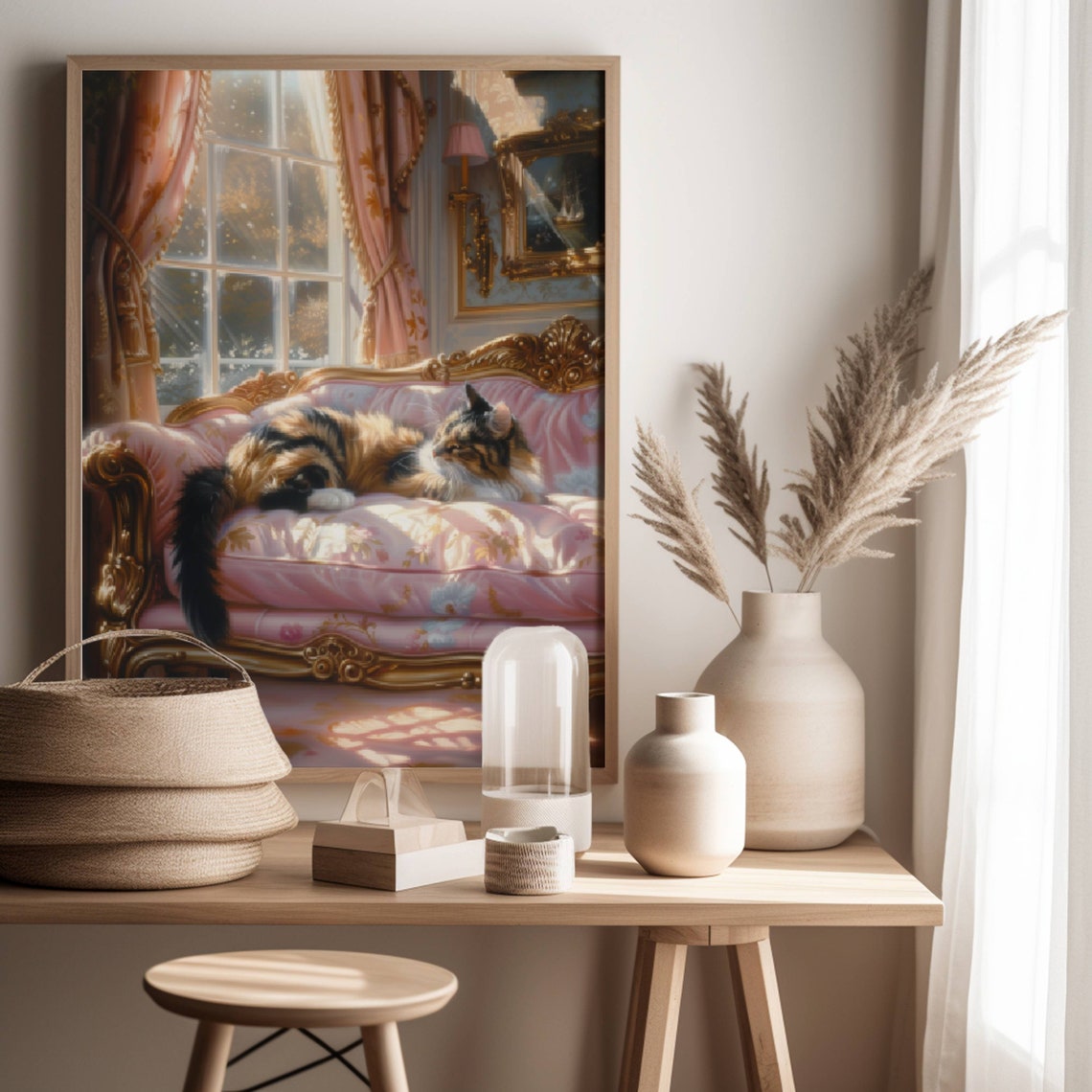 Long Haired Calico Cat Lounging On A Pink Baroque Chaise Poster - Image 5