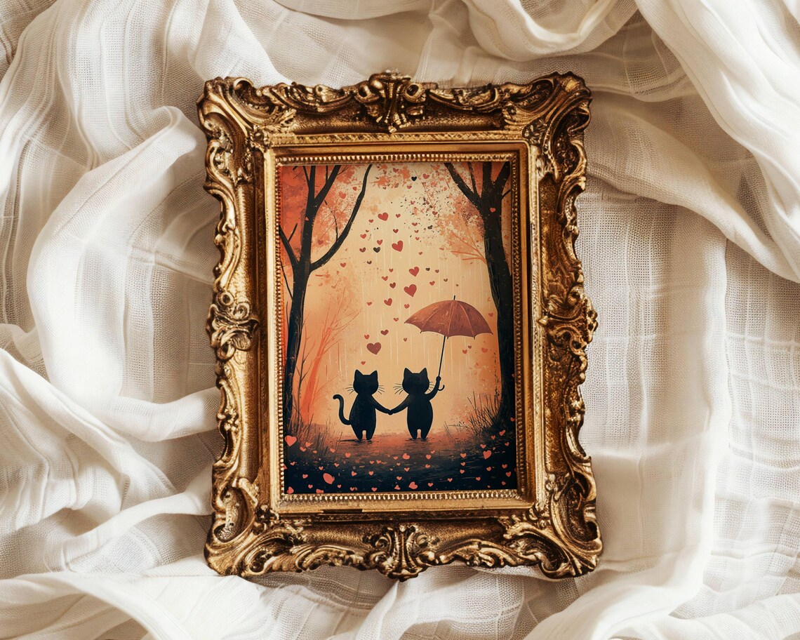 Cats In The Rain Valentine Art Print, Cute Cat Couple - Image 4
