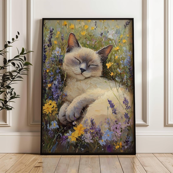 Blue Point Siamese Cat Sleeping In Lavender Wildflowers Poster