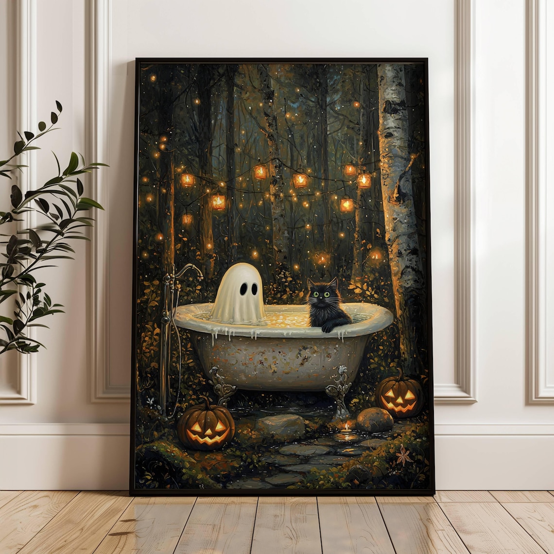 Black Cat in Fairy Garden Bathtub, Halloween Poster Print