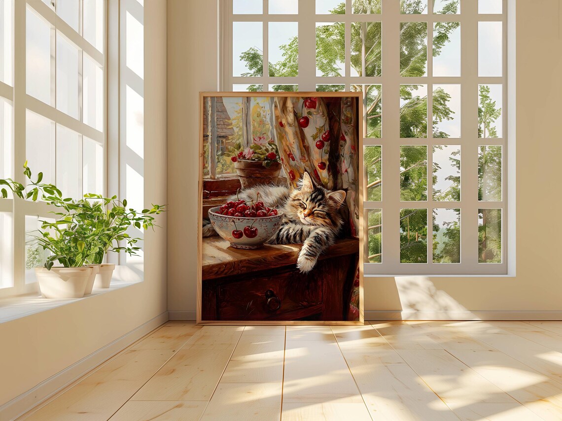 Tabby Cat Farmhouse Kitchen Art Print with Cherries - Image 2