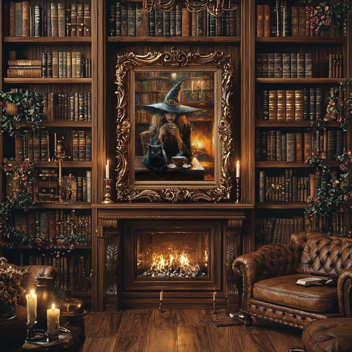 Whimsigoth Witch Tea in Library, Black Cat Art Print - Image 6