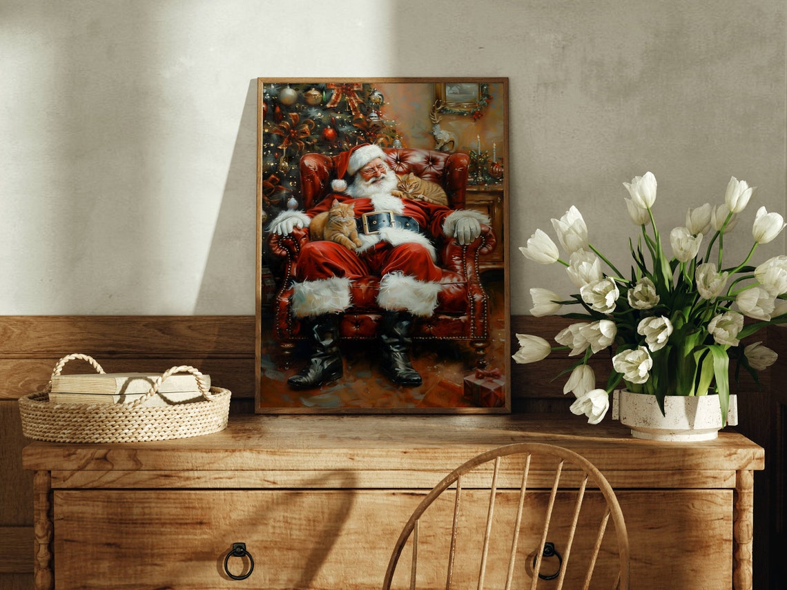 Santa Claus Sleeping in Armchair With Two Ginger Cats Christmas Poster - Image 4