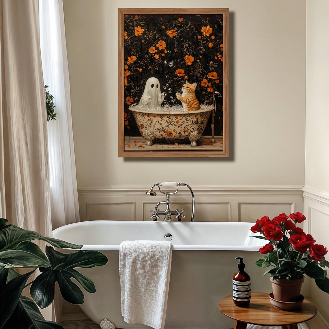 Cute Ghost and Orange Kitten Popping Bubbles Together in a Floral Bath Poster - Image 5