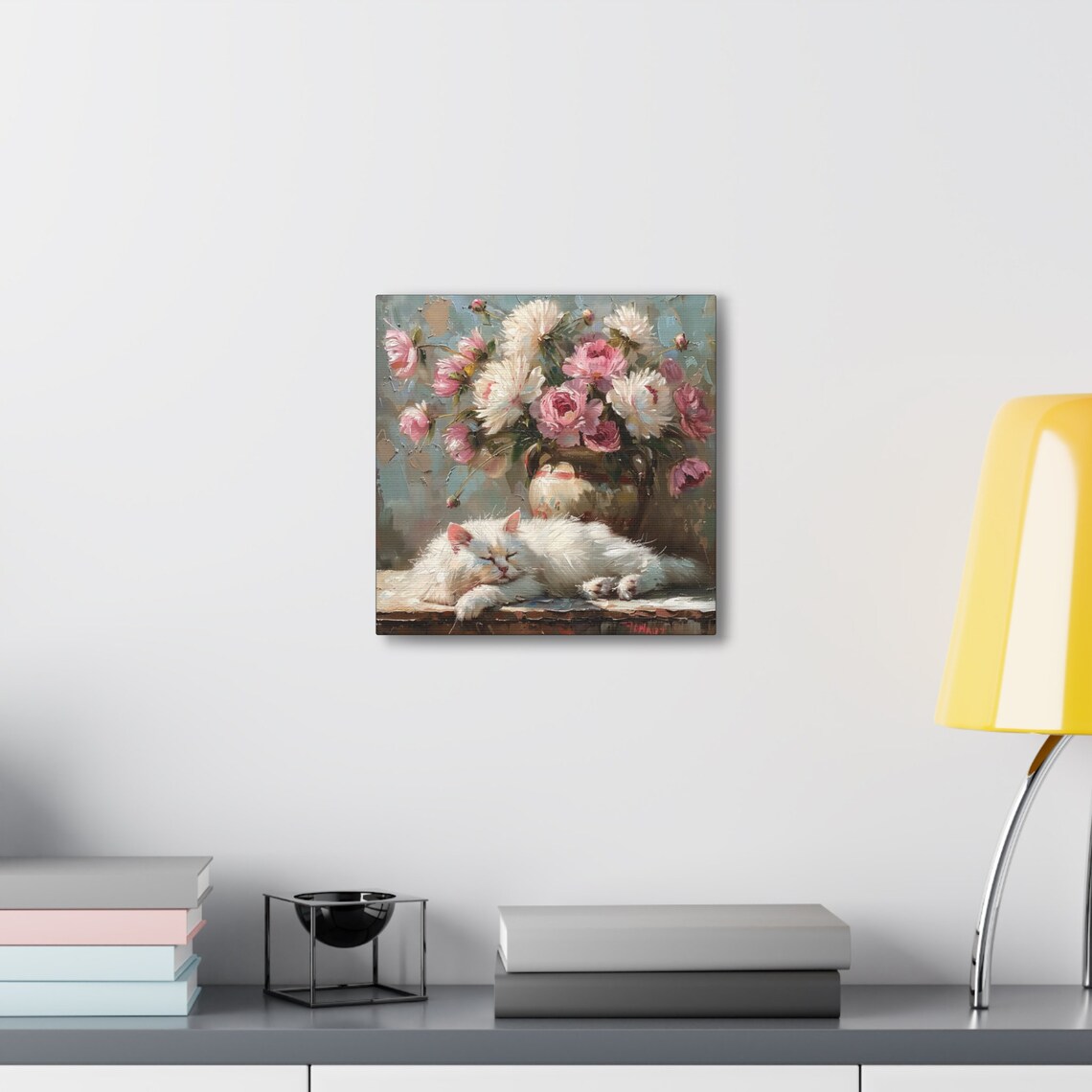 White Cat Sleeping in Front of a Vase of Pink Peonies Poster - Image 4