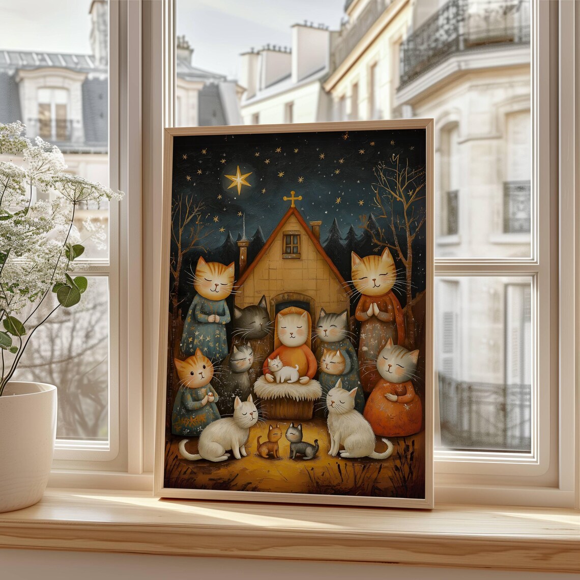 Folk Art Cat Nativity Scene Christmas Poster - Image 4