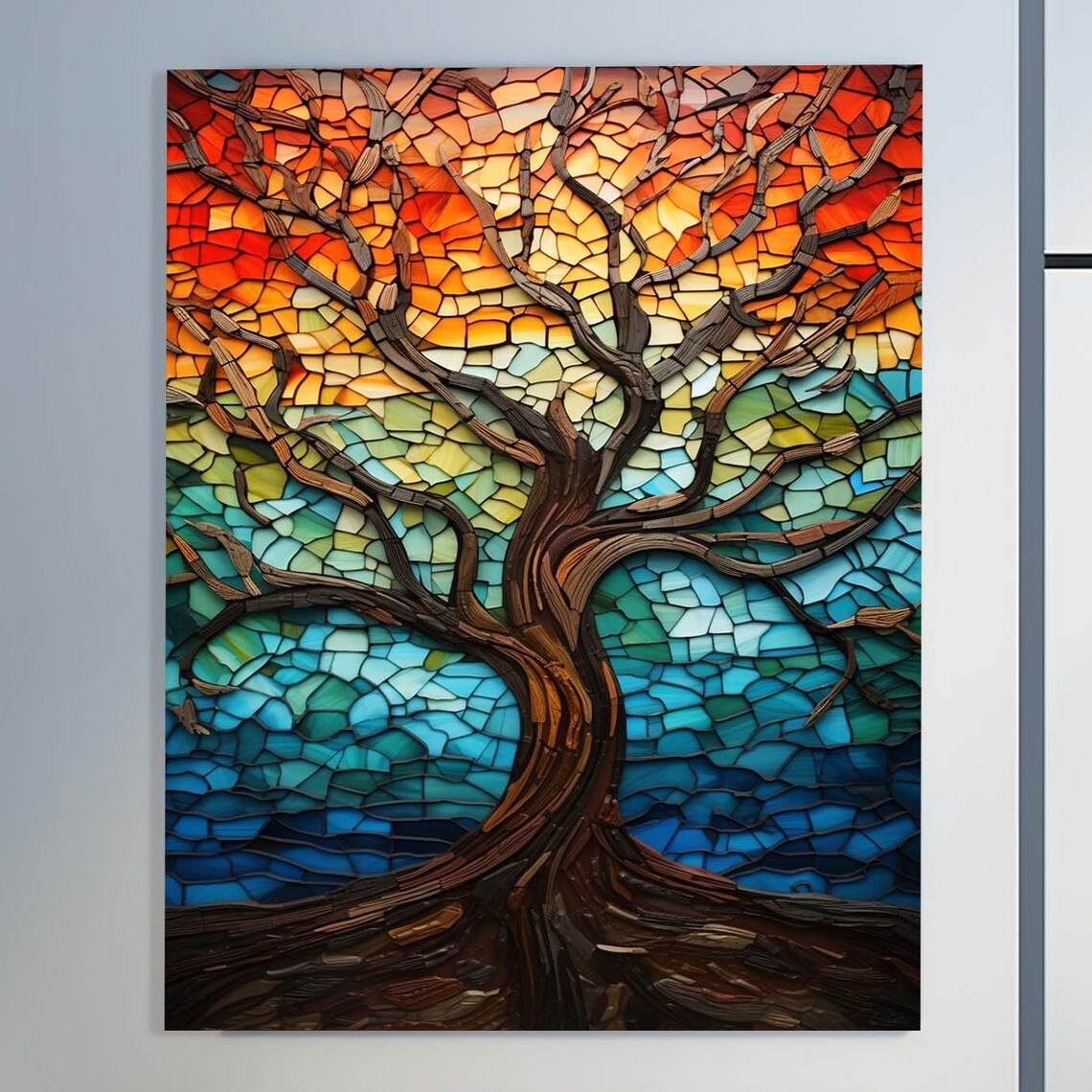 Mosaic Tree of Life Orange Teal Stained Glass Tile Art Poster