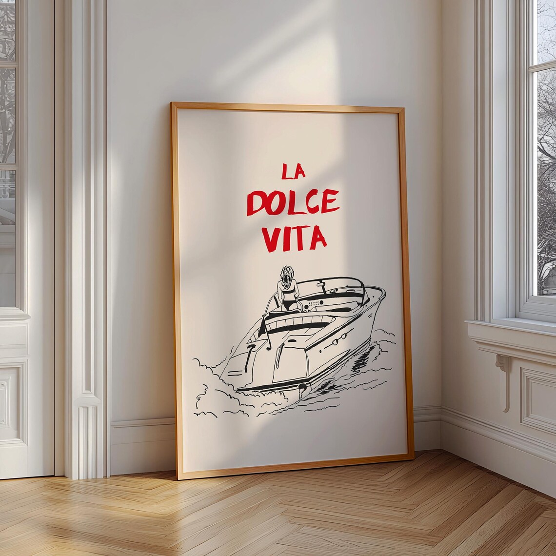 La Dolce Vita Italian Yacht Line Art Woman On Boat Travel Poster