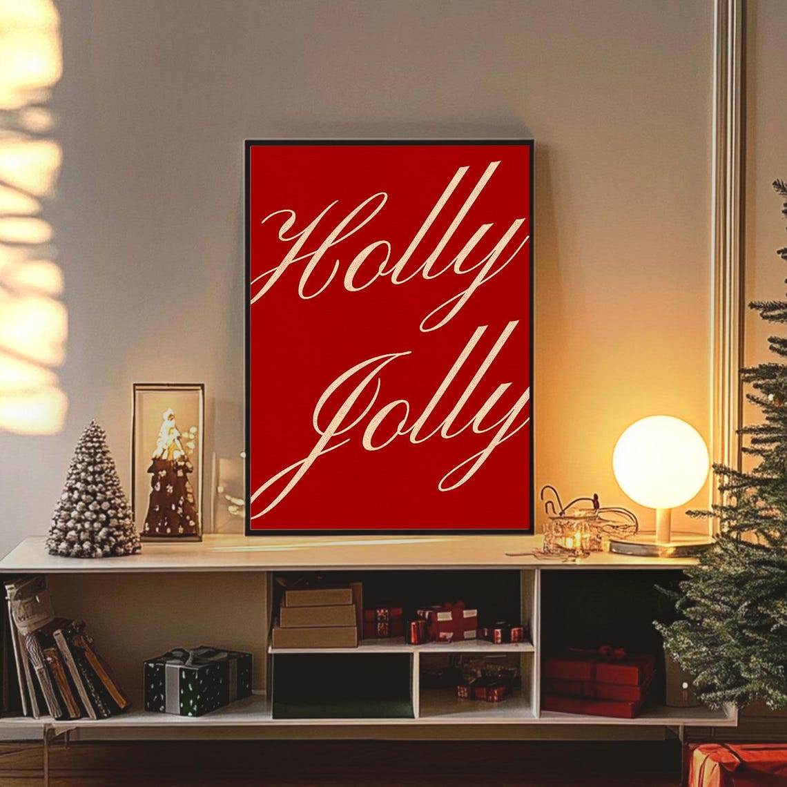 Holly Jolly Red Script Vintage Christmas Typography Quote Poster - Image 4