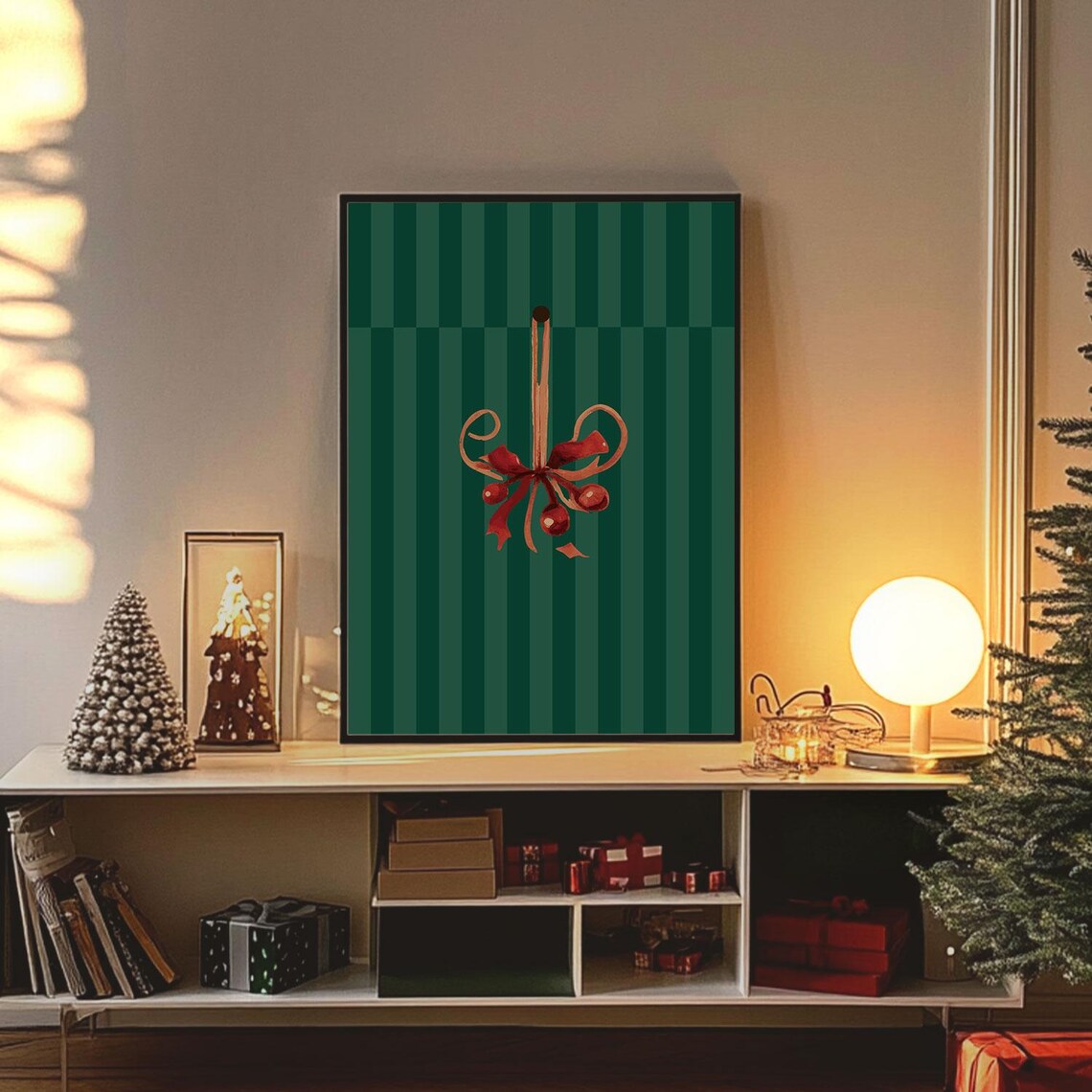 Classic Hanging Christmas Ornament Red Ribbon Green Stripes Poster - Image 3