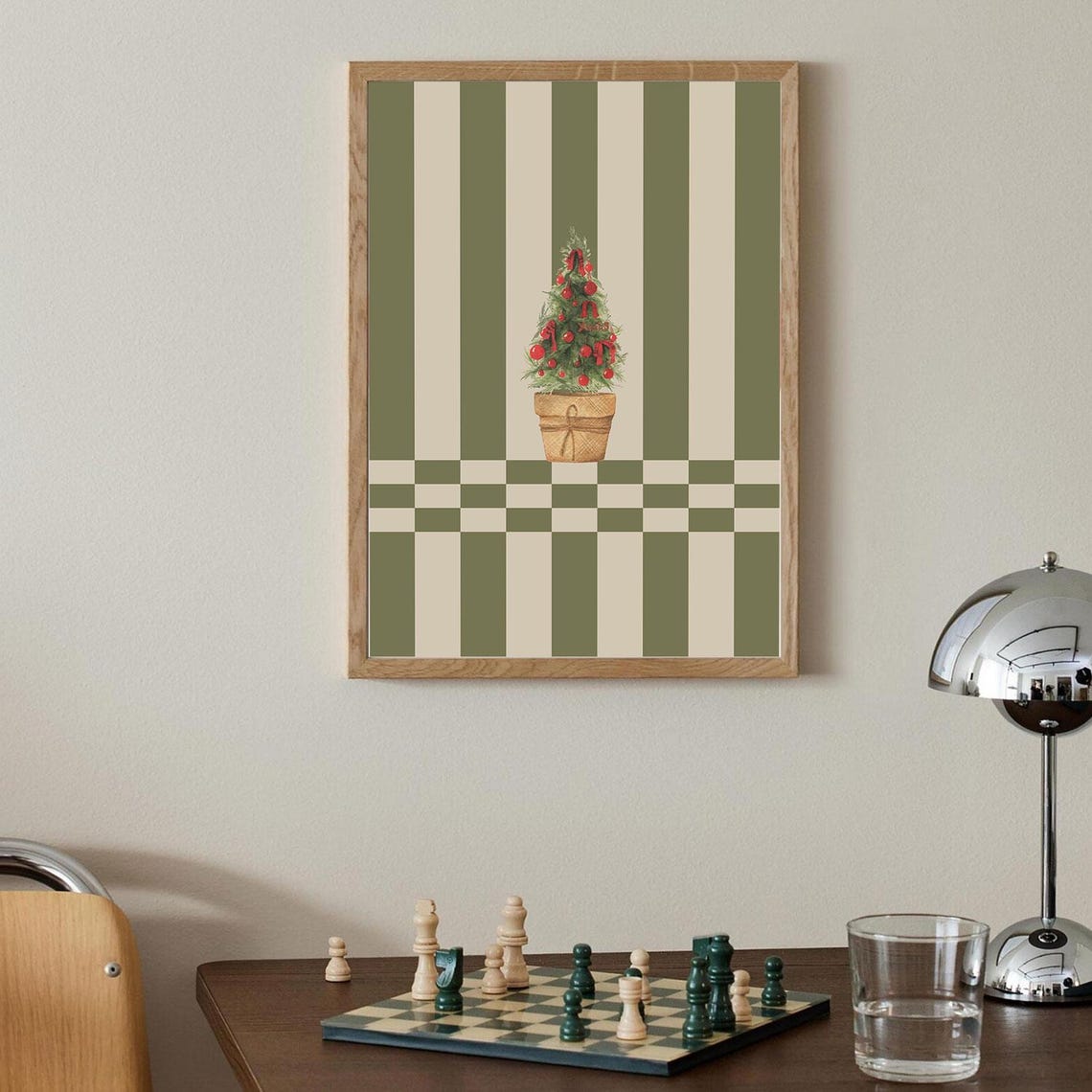 Olive Green Striped Potted Christmas Tree Retro Holiday Wall Art - Image 2
