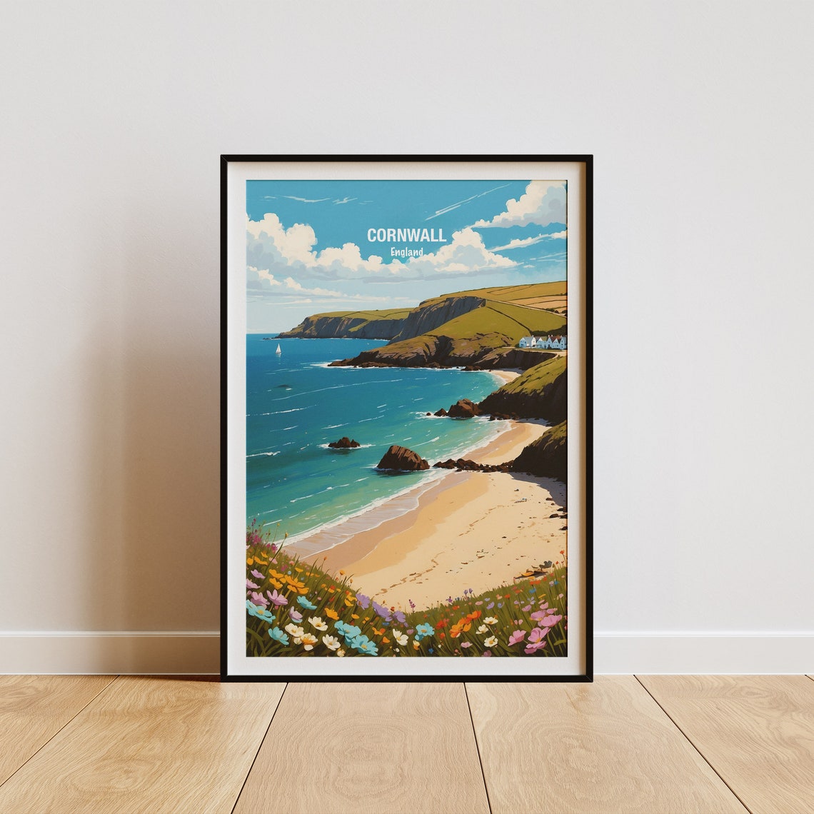 Cornwall Wildflower Cove Beach England Coastal View Travel Poster