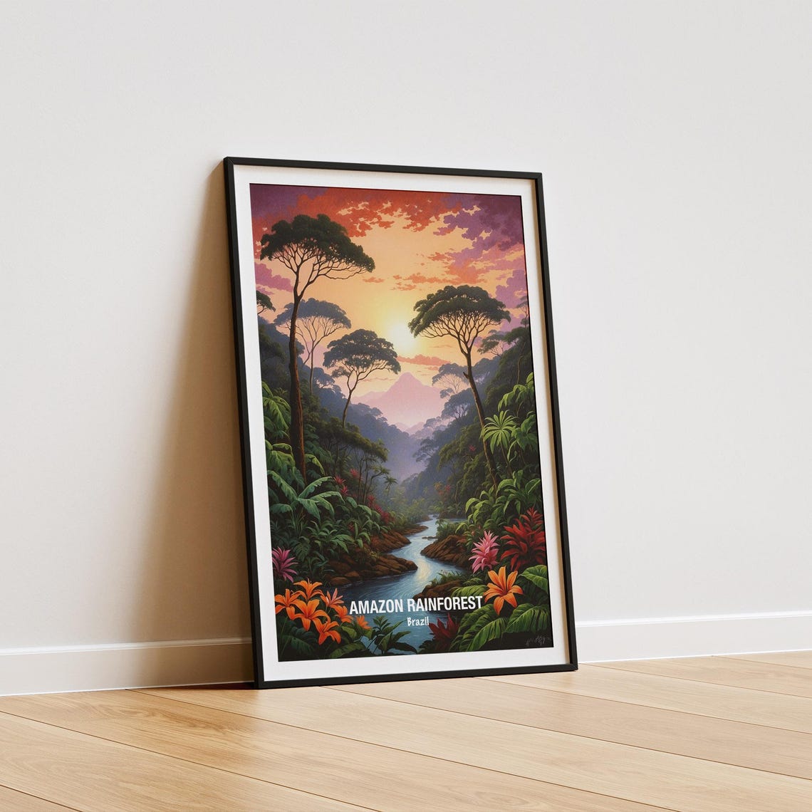 Amazon Rainforest River Valley Sunset Tropical Flowers Poster - Image 5
