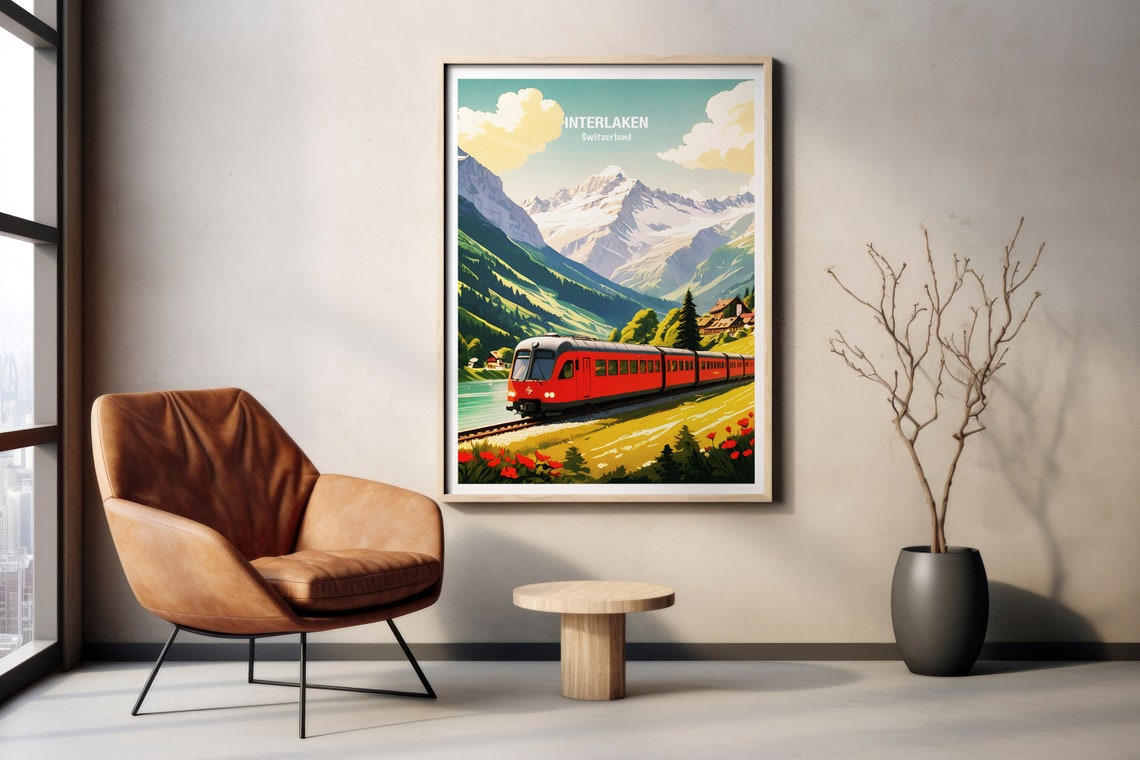 Interlaken Red Swiss Train Through Alpine Valley Travel Poster - Image 2