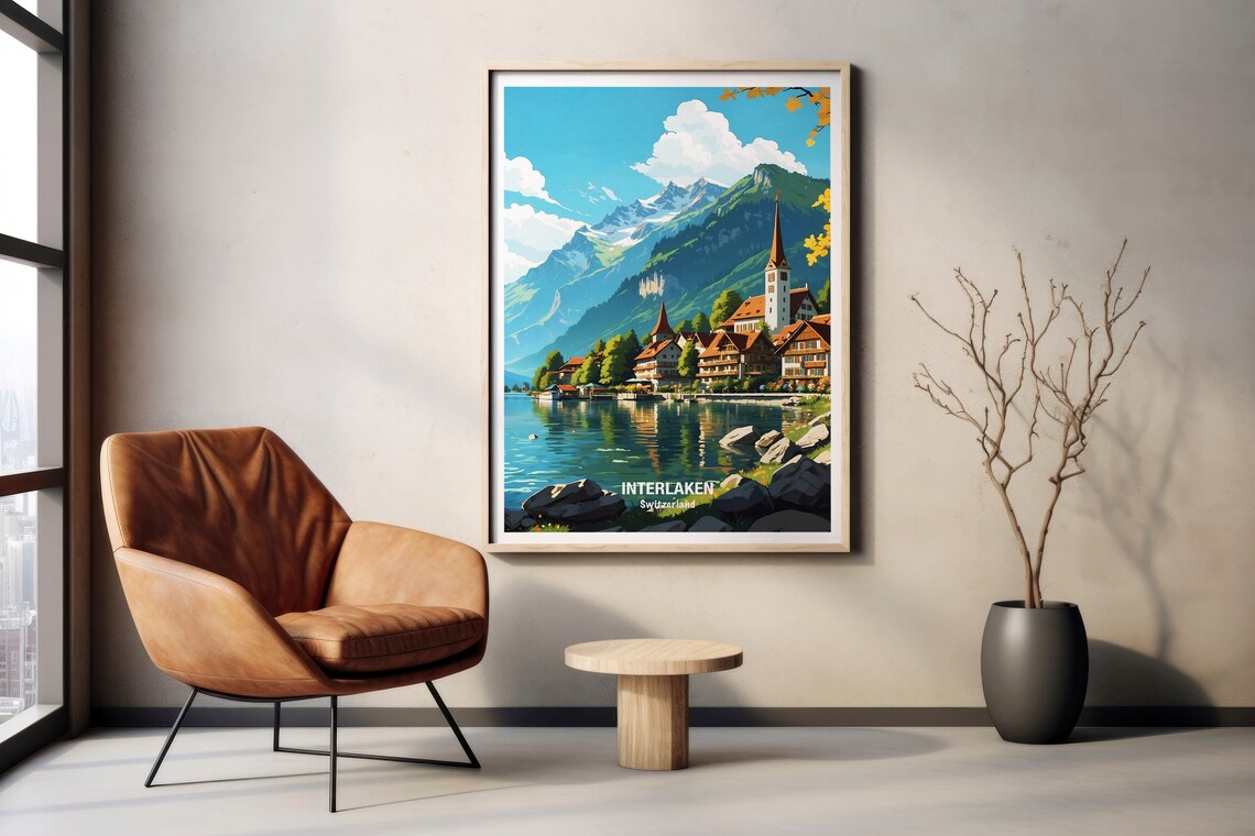 Interlaken Switzerland Lakeside Village Church Alpine Peak Poster - Image 2