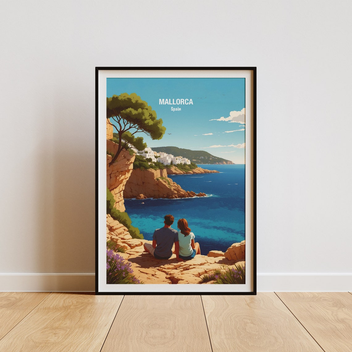 Mallorca Spain Rocky Cliffside Couple Deep Blue Sea View Poster