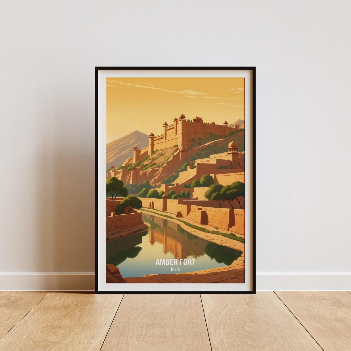 India Amber Fort Hilltop Fortress Golden Sunset Reflection Poster