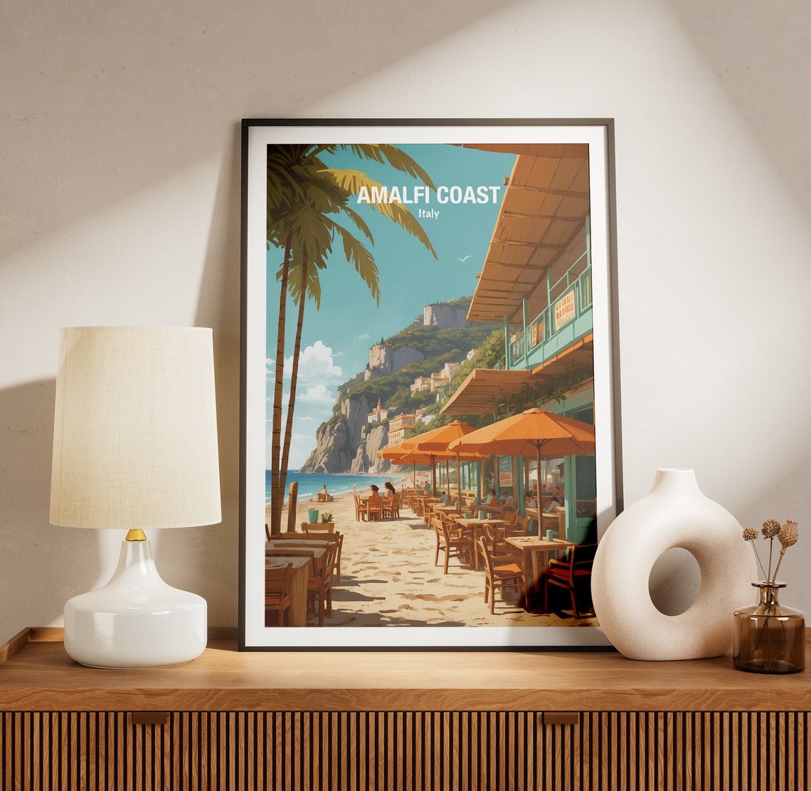 Amalfi Coast Italy Beachfront Cafe With Orange Umbrellas Poster - Image 3