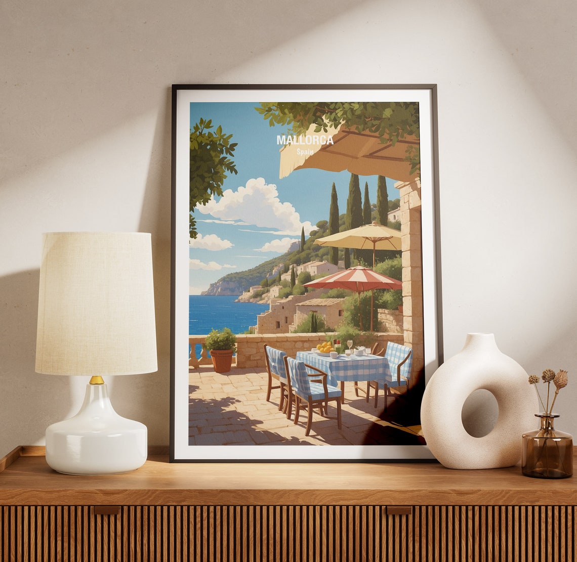 Mallorca Spain Coastal Terrace Cafe Cypress Cliffs Sea View Poster - Image 3