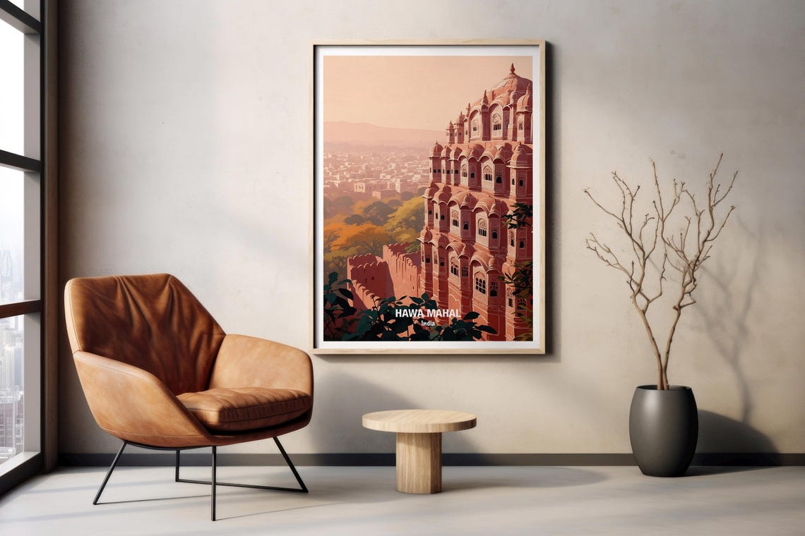 India Jaipur Hawa Mahal Pink Palace Facade Sunset View Poster - Image 2