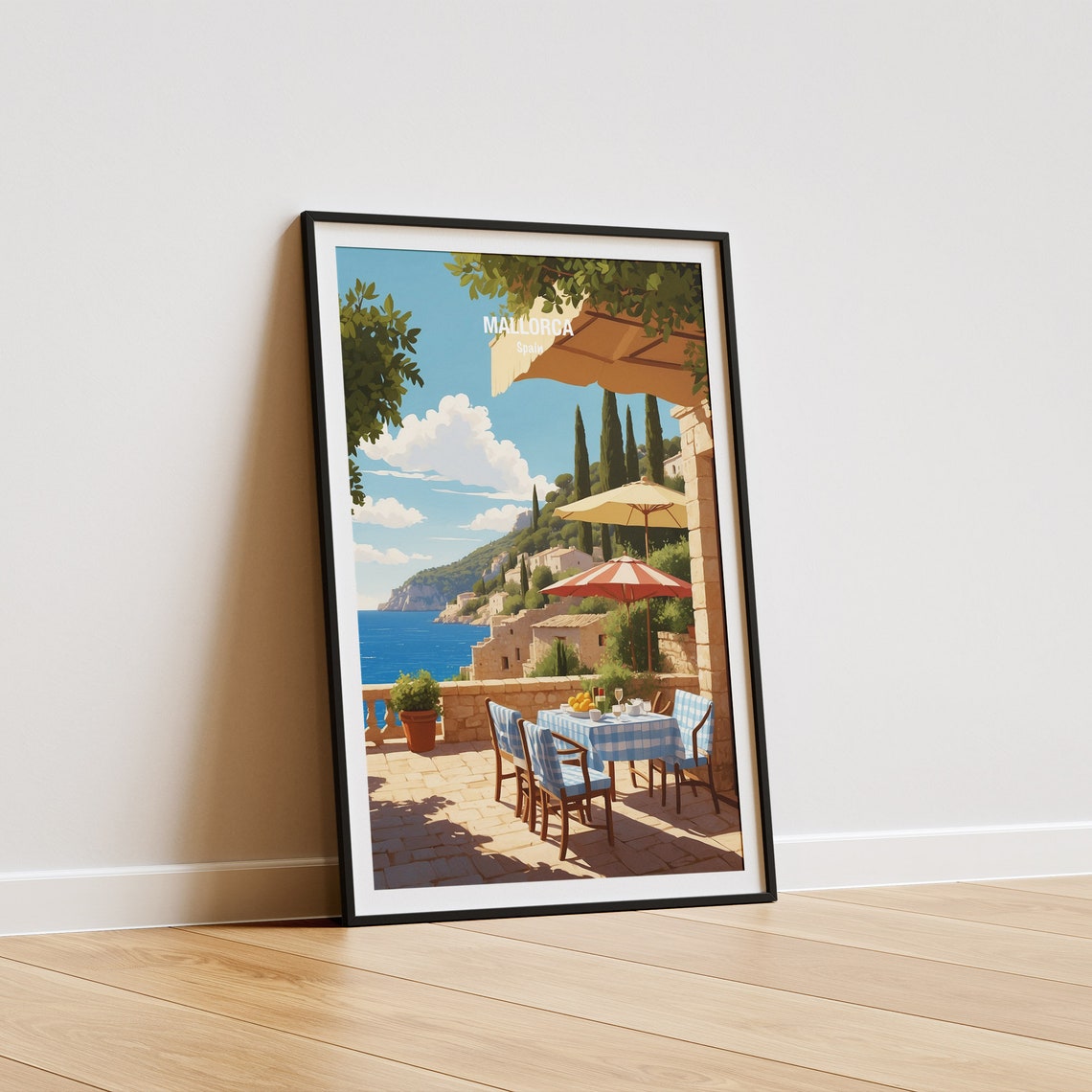 Mallorca Spain Coastal Terrace Cafe Cypress Cliffs Sea View Poster - Image 5