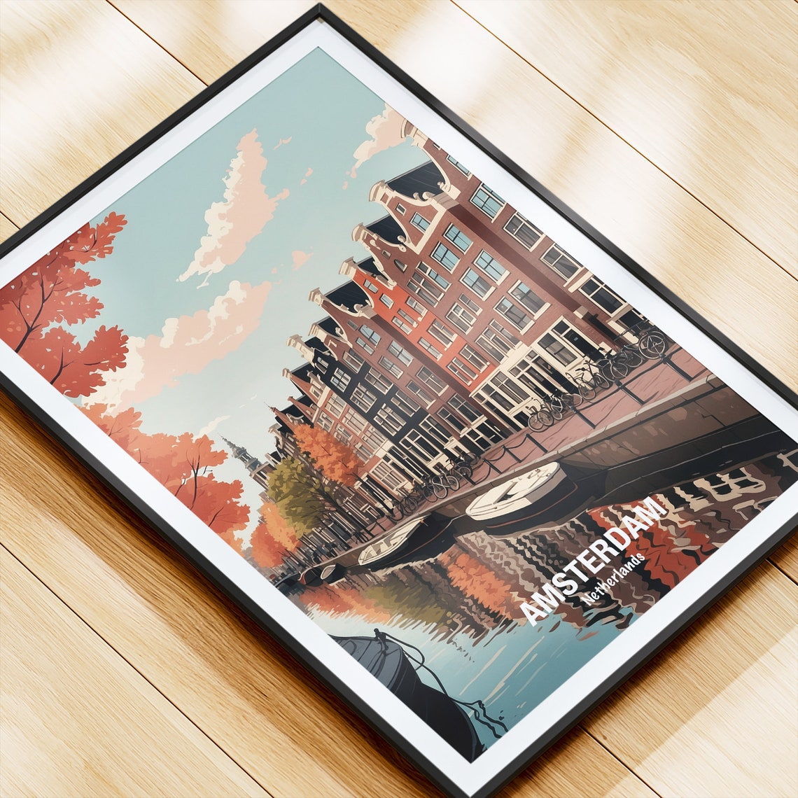 Amsterdam Netherlands Autumn Canal Houseboats Golden Glow Poster - Image 4