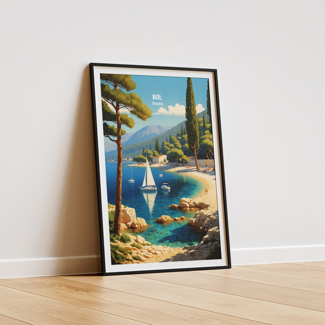 Bol Croatia Adriatic Cove Sailboats Pine Trees View Beach Poster - Image 5