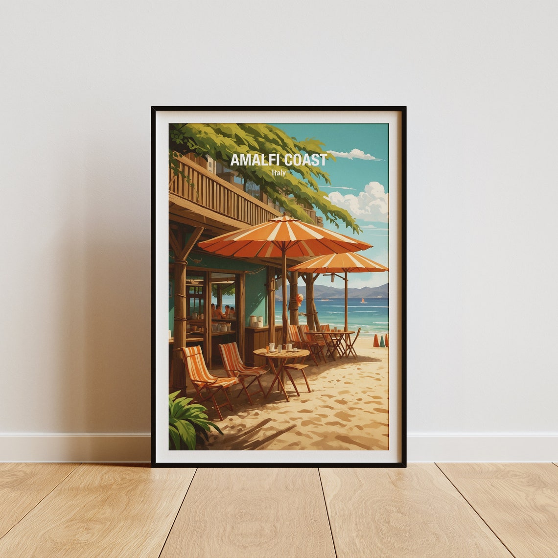 Amalfi Coast Italy Sandy Beach Bar With Striped Umbrellas Poster