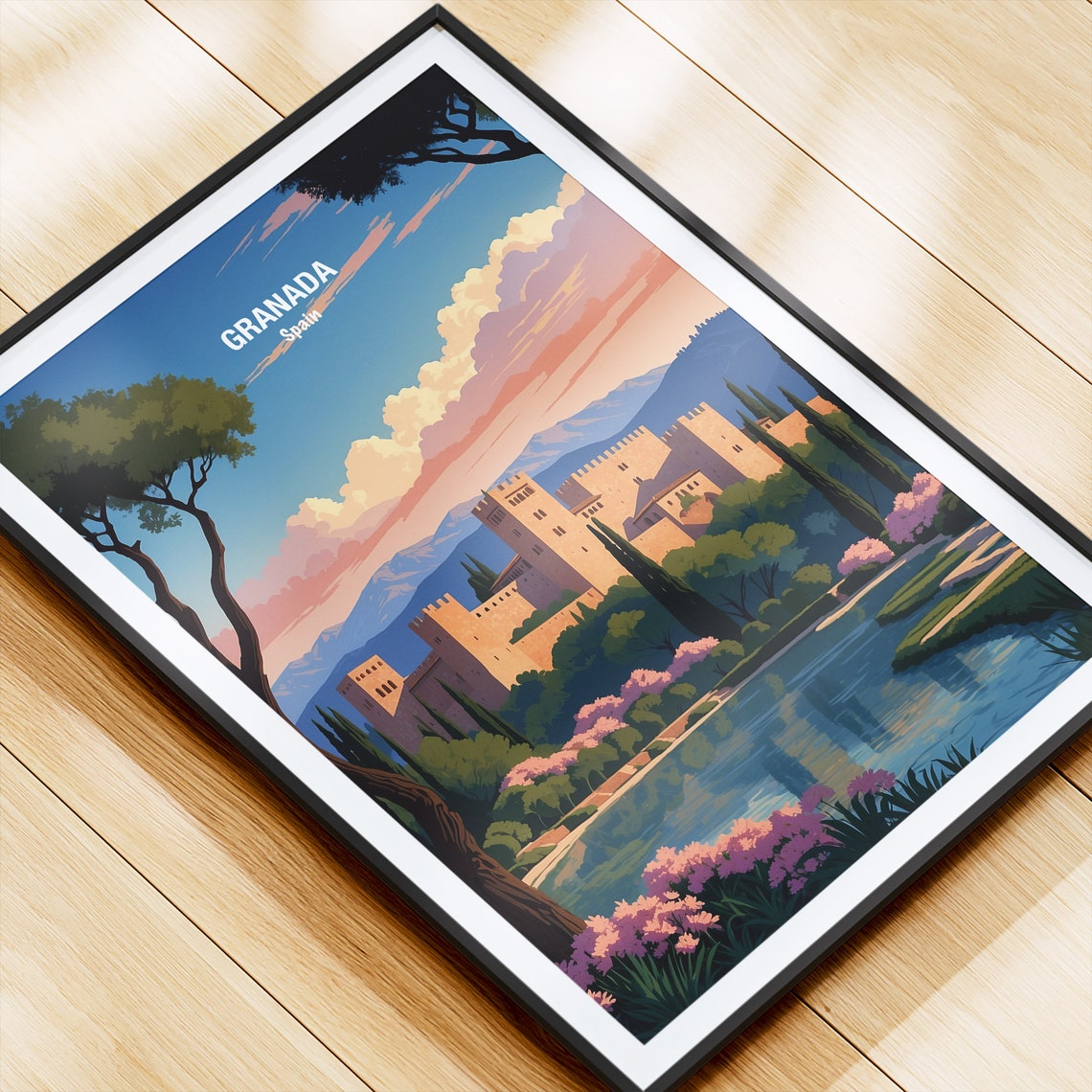Granada Spain Alhambra Palace Sunset Pink Blossom Lake Poster - Image 4