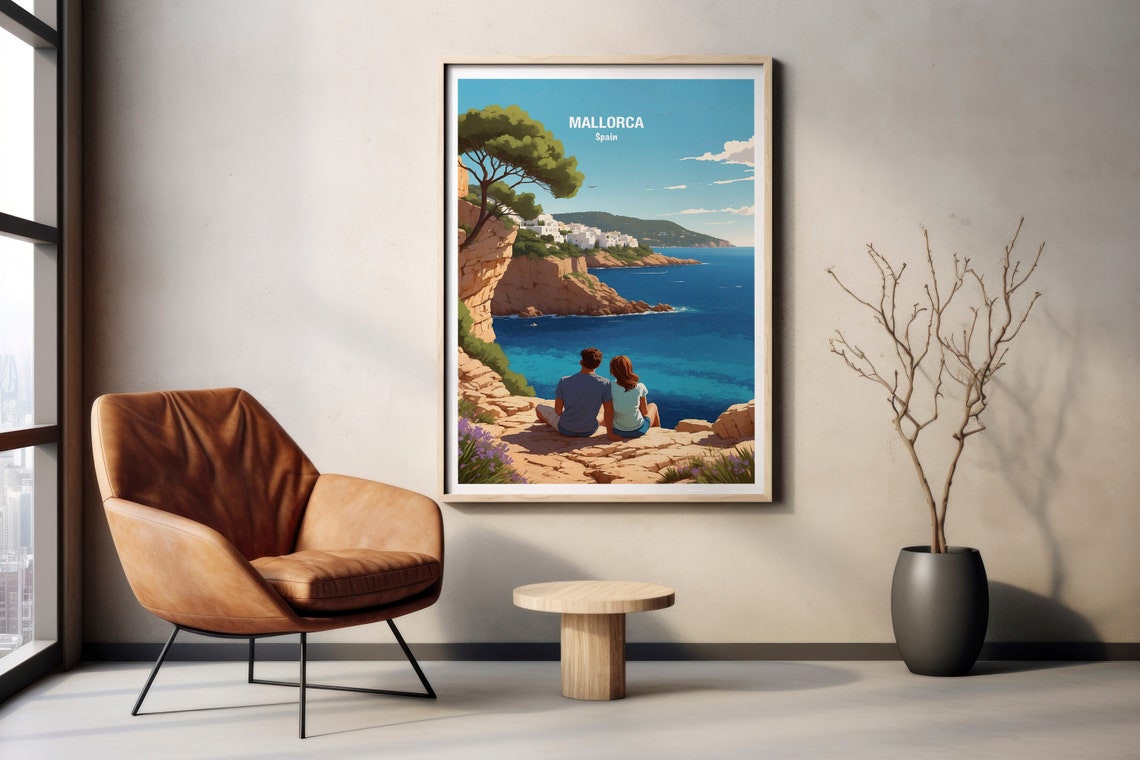 Mallorca Spain Rocky Cliffside Couple Deep Blue Sea View Poster - Image 2