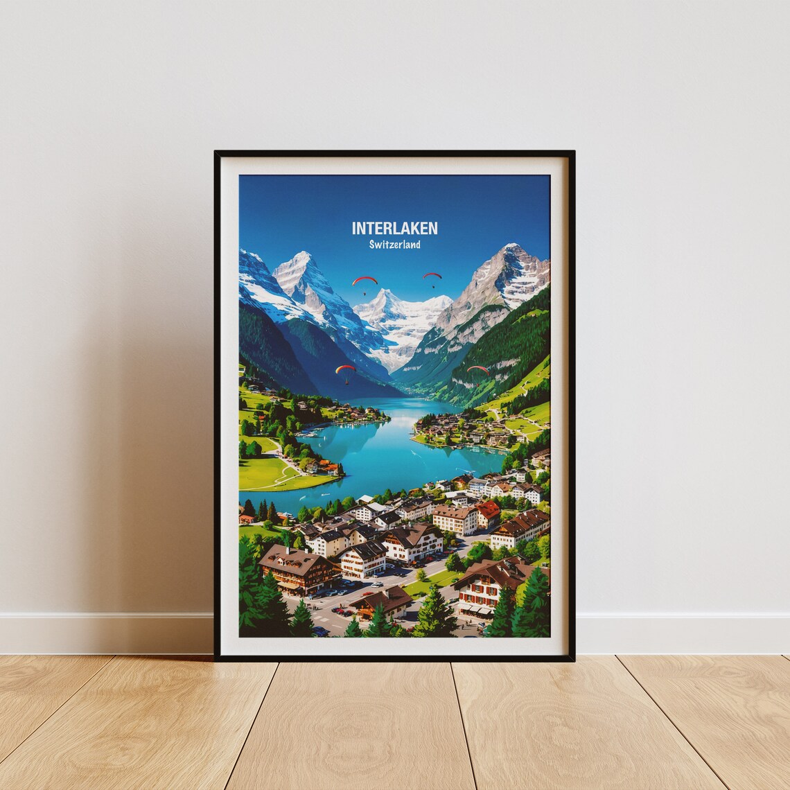 Interlaken Aerial Lake Brienz Valley Swiss Alps Travel Poster