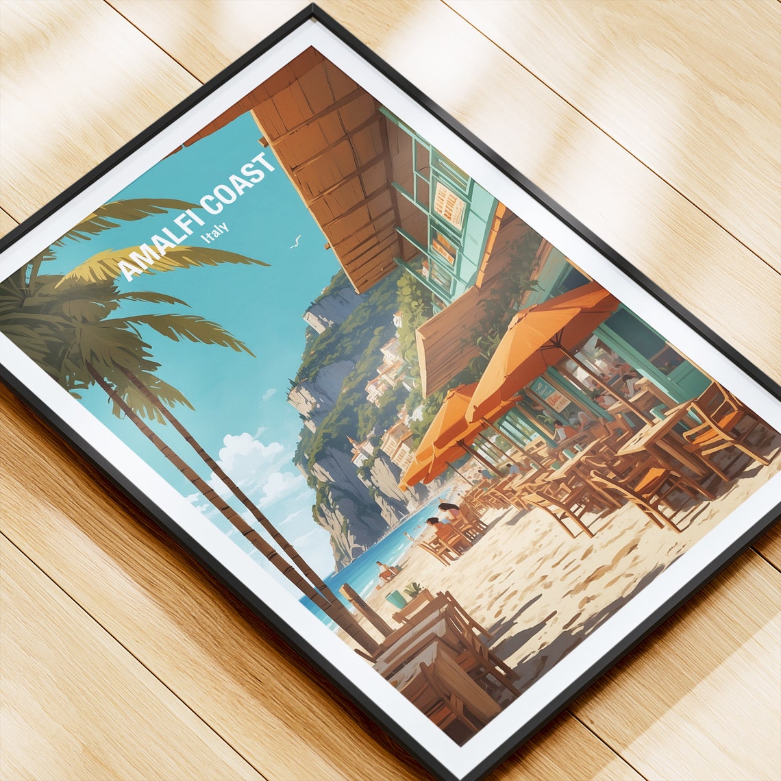 Amalfi Coast Italy Beachfront Cafe With Orange Umbrellas Poster - Image 4