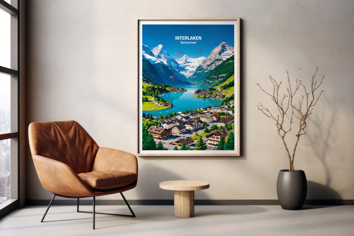 Interlaken Aerial Lake Brienz Valley Swiss Alps Travel Poster - Image 2