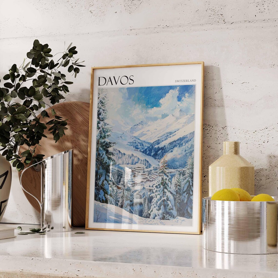 Davos Switzerland Snowy Valley Ski Poster with Pine Forest and Peaks