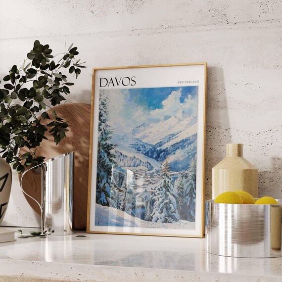 Davos Switzerland Snowy Valley Ski Poster with Pine Forest and Peaks