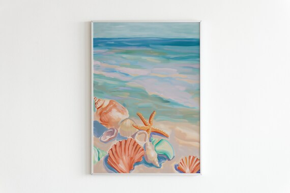 Beach Wall Art Coastal Decor With Seashells And Starfish Ocean Painting For Beach House Nautical Summer Wall Art Seaside Shoreline View