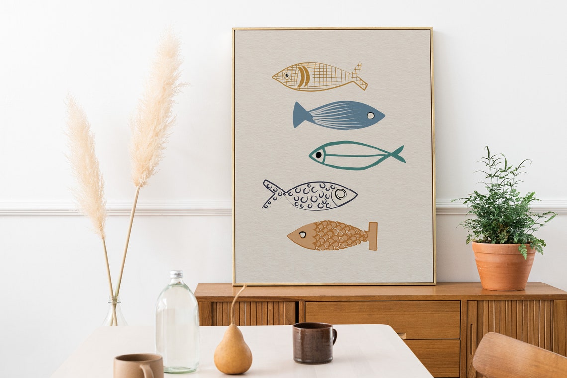 Five Folk Art Fish Colorful Patterned Coastal Beige Kitchen Poster - Image 2